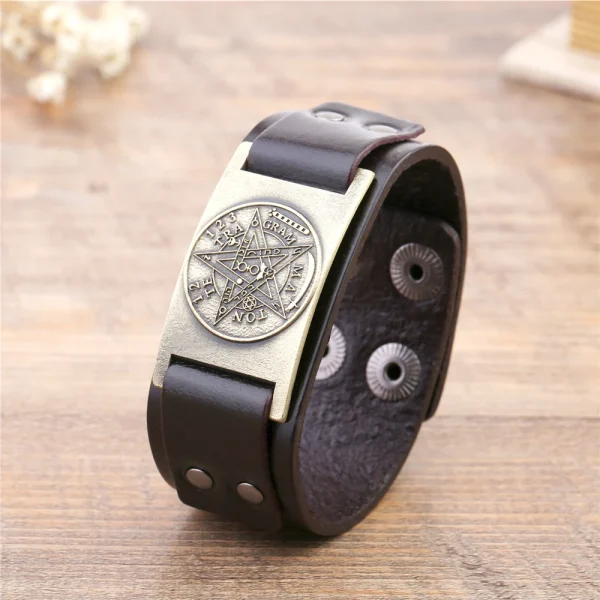 kf-HTB1oYhSjxrI8KJjy0Fpq6z5hVXa9 Pulsera de cuero con pentagrama y pentagrama para hombre, amuleto, amuleto, Talismán, joyería Vintage
