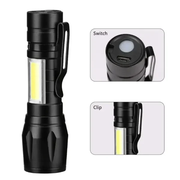 kf-S17da0216d50d4ceea992ce090987d196B Mini linterna LED COB + XPE, linterna portátil con carga USB, linterna de Camping con luz de enfoque con zoom, linterna táctica con Clip para bolígrafo