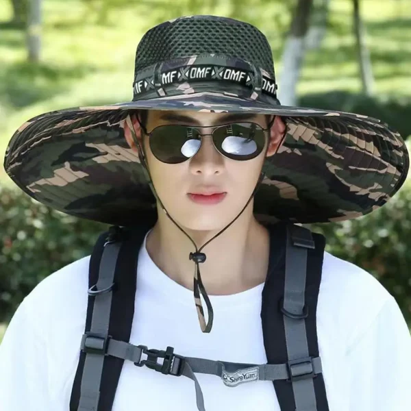 Sombrero de ala grande para hombre, gorra de pesca transpirable, protección solar UV, malla de pescador, senderismo, playa al aire libre, 15CM, novedad de verano