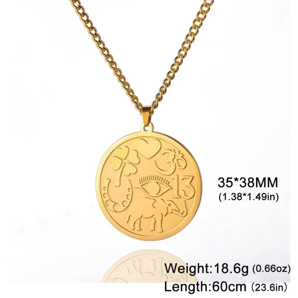 kf-S43e7f001f5624d8197036175f9b74db8x Collar de la medalla de la buena suerte Un poderoso amuleto protector Elefantes Trébol de cuatro hojas Corazón Símbolo Ohm Herradura Collar de ojos malvados Joyas de acero inoxidable