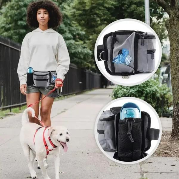 Bolsa para caminar para entrenamiento de perros, bolsa para golosinas de manos libres, riñonera para correr, tren para cachorros, alimentador de aperitivos, cuencos de bolsillo para perros, bolsas para tazas de agua