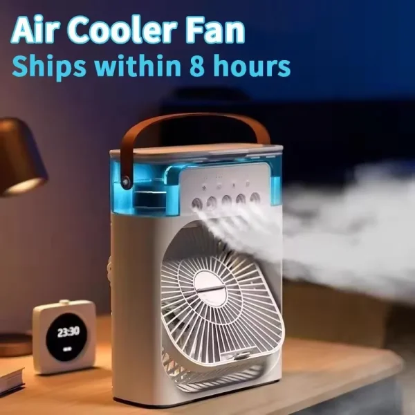 Ventilador humidificador portátil tres en uno, mini ventilador de aire acondicionado USB, luz nocturna LED, niebla de agua, humidificador enfriador de aire divertido para el hogar