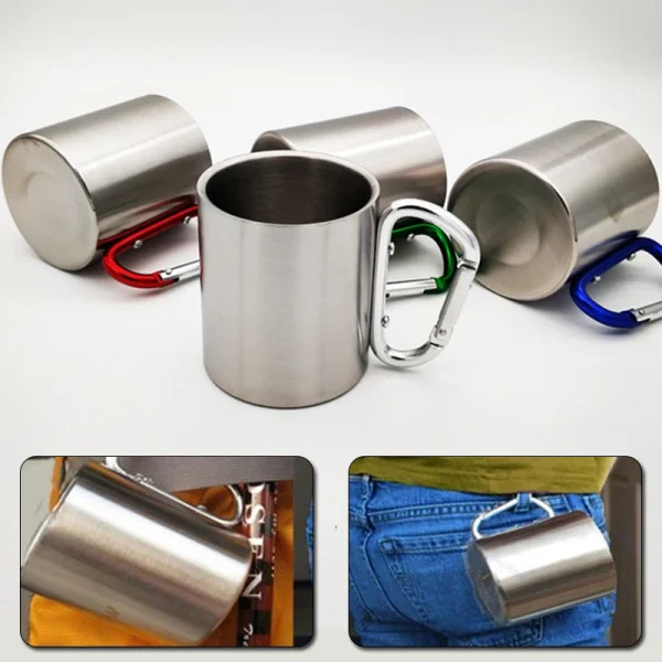 kf-S98f38e5976a94899b6c09f806be8b4961 Taza de acero inoxidable de 220Ml para acampar, viajar al aire libre, taza con mango, mosquetón, escalada, mochilero, senderismo, tazas portátiles