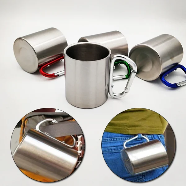 kf-Sa68a84e96ea445cf82f21ccfcda8ad05A Taza de acero inoxidable de 220Ml para acampar, viajar al aire libre, taza con mango, mosquetón, escalada, mochilero, senderismo, tazas portátiles