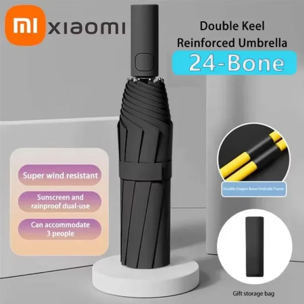 Xiaomi nuevo paraguas plegable de doble hueso totalmente automático de 24 huesos para fuerte resistencia al viento resistencia a la lluvia protección solar y UV