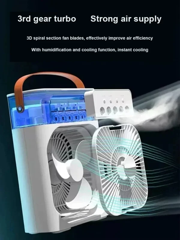 Ventilador humidificador portátil tres en uno, mini ventilador de aire acondicionado USB, luz nocturna LED, niebla de agua, humidificador enfriador de aire divertido para el hogar