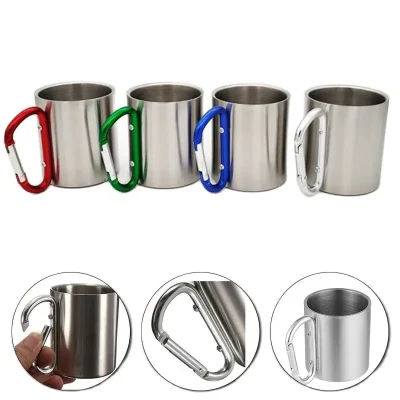 Taza de acero inoxidable de 220Ml para acampar, viajar al aire libre, taza con mango, mosquetón, escalada, mochilero, senderismo, tazas portátiles