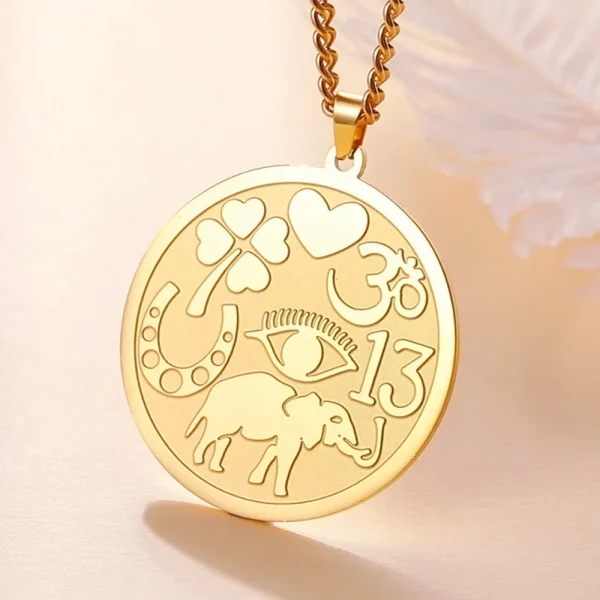 kf-Scb70beed37b1427a97e83559afb2936fc Collar de la medalla de la buena suerte Un poderoso amuleto protector Elefantes Trébol de cuatro hojas Corazón Símbolo Ohm Herradura Collar de ojos malvados Joyas de acero inoxidable