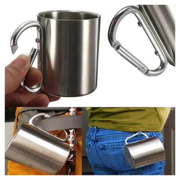 kf-Sf8b7b9ba69e940bf9f465ea4e15eb000U Taza de acero inoxidable de 220Ml para acampar, viajar al aire libre, taza con mango, mosquetón, escalada, mochilero, senderismo, tazas portátiles