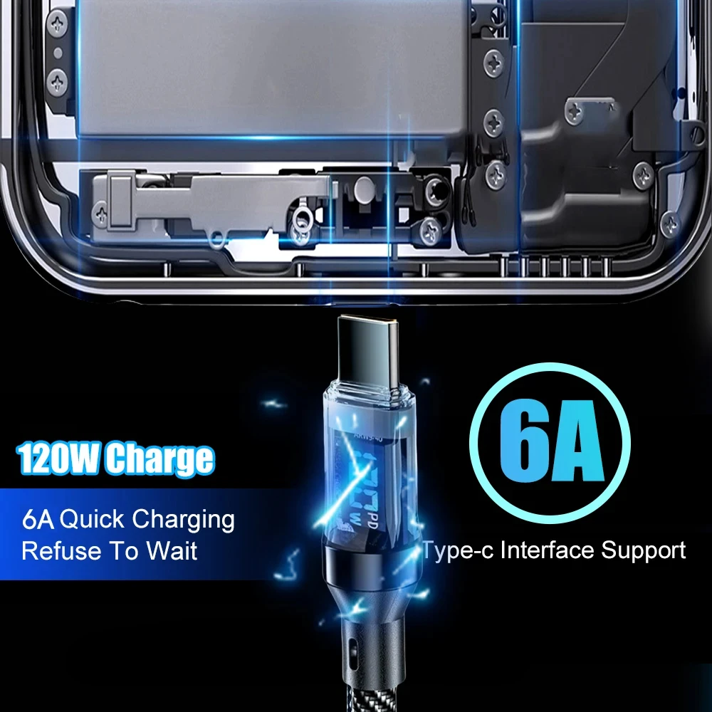 Cables de carga NNBILI 120W USB C y USB A con pantalla LED, USB C=C-C,USB A=A-C,Xiaomi iPhone, Samsung no compatible