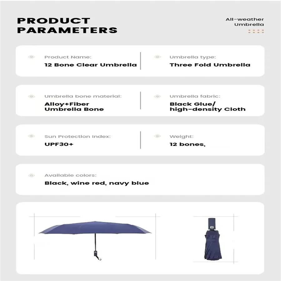 Paraguas totalmente automático con pegamento negro de 12 huesos, paraguas triple con quilla gruesa y duradera, paraguas plegable resistente a los rayos UV Paraguas totalmente automático con pegamento negro de 12 huesos, paraguas triple con quilla gruesa y duradera, paraguas plegable resistente a los rayos UV