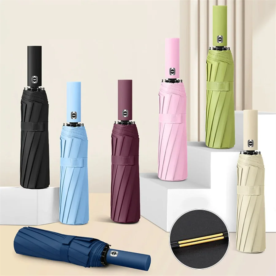 Paraguas totalmente automático con pegamento negro de 12 huesos, paraguas triple con quilla gruesa y duradera, paraguas plegable resistente a los rayos UV Paraguas totalmente automático con pegamento negro de 12 huesos, paraguas triple con quilla gruesa y duradera, paraguas plegable resistente a los rayos UV