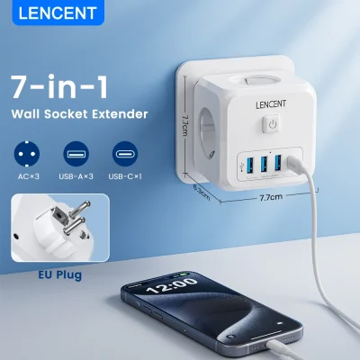 10317-ff0eaw.jpg LENCENT-extensor de enchufe de pared con 3 salidas de CA, 3 puertos USB y 1 tipo C, 7 en 1, cargador de enchufe europeo, interruptor de encendido/apagado para el hogar
