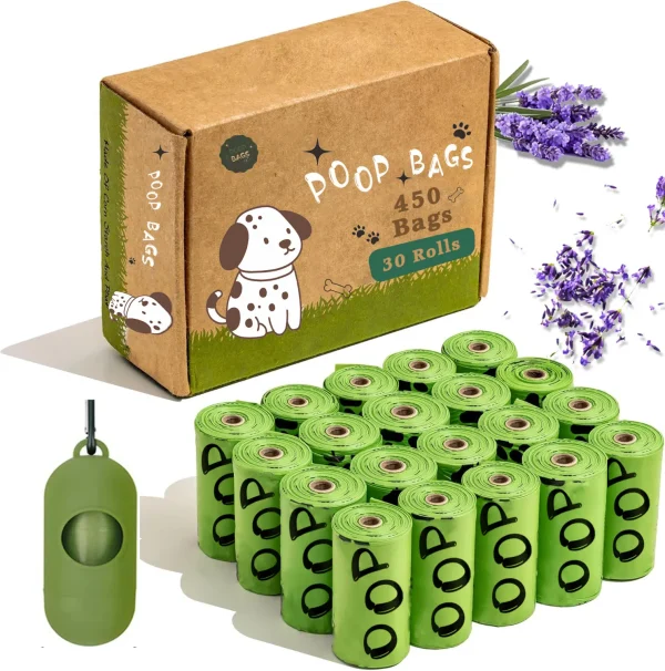 Bolsas para excrementos de perro biodegradables EPI, bolsas para excrementos de mascotas perfumadas con lavanda con soporte, bolsas para excrementos de perro a prueba de fugas Extra gruesas con dispensador