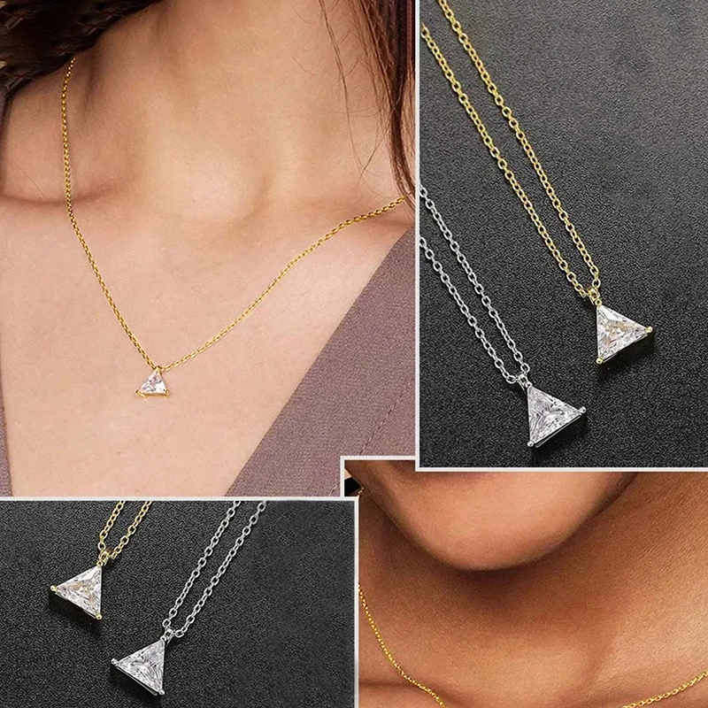 Huitan-collar con colgante de triángulo brillante CZ para mujer, Color plateado/dorado, diseño Simple, accesorios versátiles, joyería para boda
