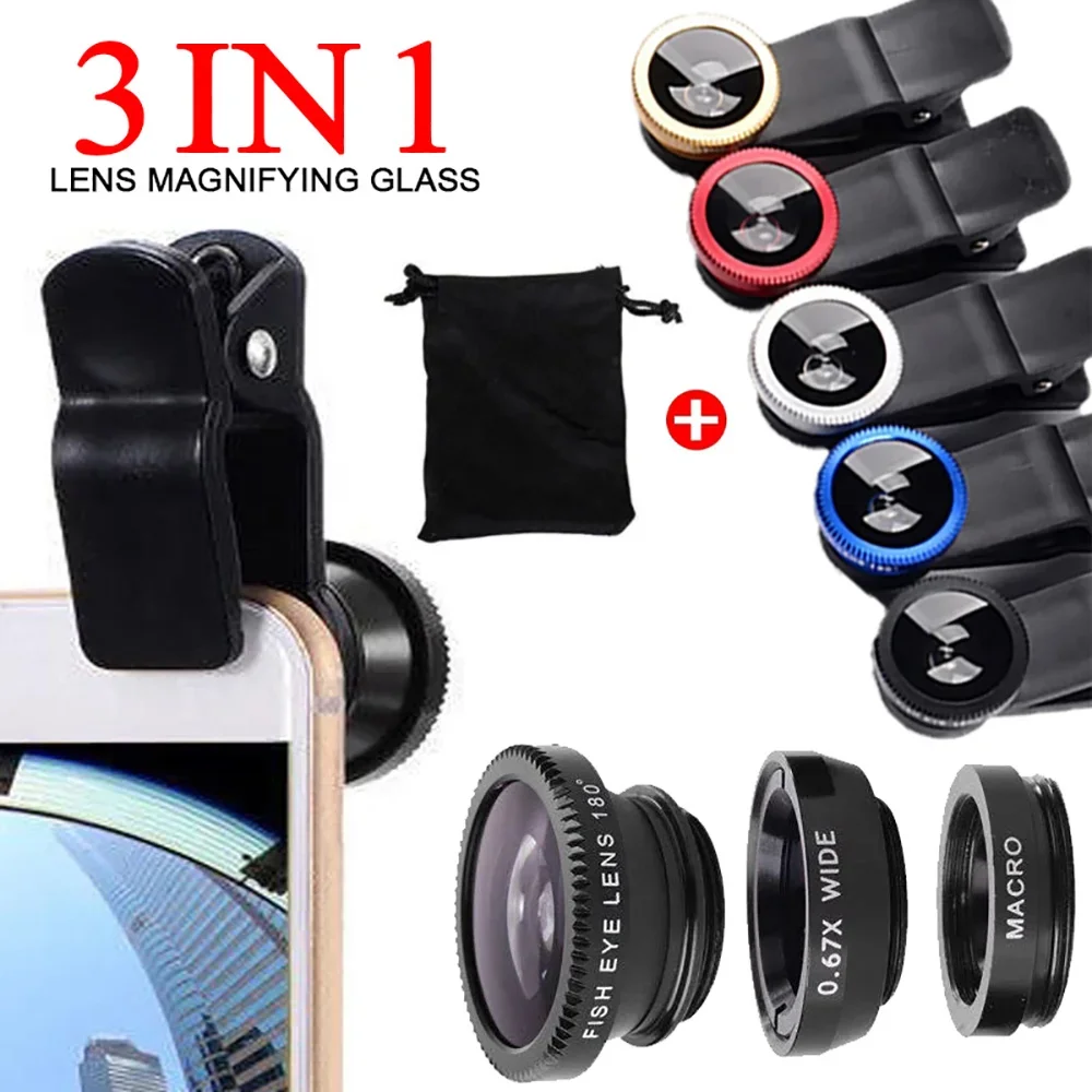 Universal 3 en 1 teléfono ojo de pez 0.67X gran angular Micro lente de cámara para iPhone Xiaomi Smartphone ojo de pez Zoom lente con Clip para teléfono