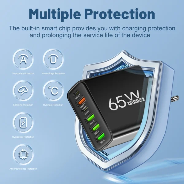 Cargador USB de 65W para teléfono móvil, carga rápida para Xiaomi, Samsung, Huawei P70, adaptador de cargador de viaje para iPhone, cargador rápido