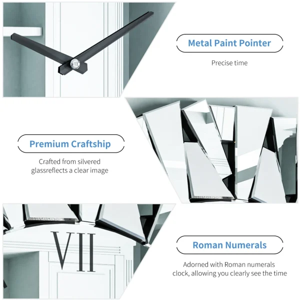 9743-kalqnu.jpg Reloj de pared grande con espejo 3D, borde Sunburst, 32 "/80CM, Número Romano redondo, decoración moderna para sala de estar, comedor y chimenea