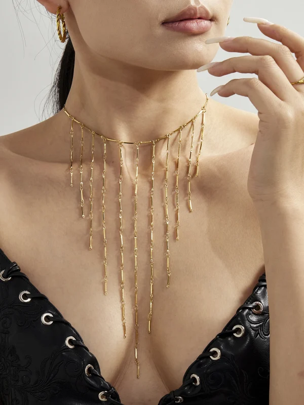 Collares con flecos en cascada para mujer, Collar dulce chapado en oro de 18 quilates, resistente al agua, sin deslustre, Collar largo con borlas de acero inoxidable